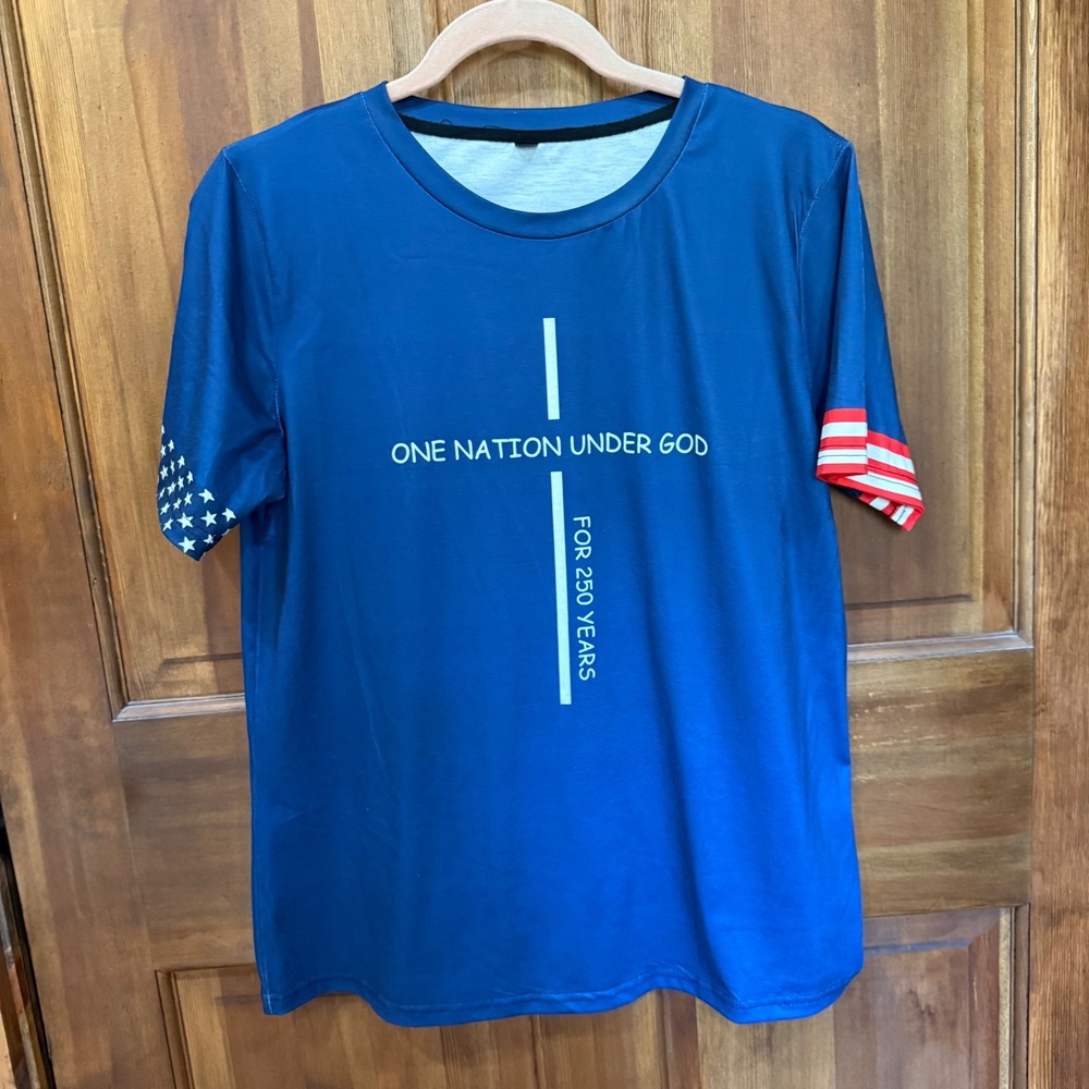 One Nation Under God Patriotic Women Graphic Tee Blue Stars Stripes Sleeve Large